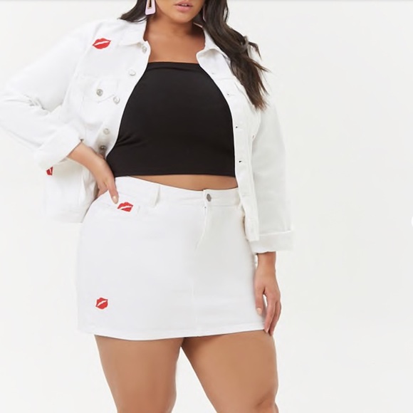 Forever 21 Dresses & Skirts - ➕ 2 Pc Set Embroidered Lip Denim Jacket and Skirt
